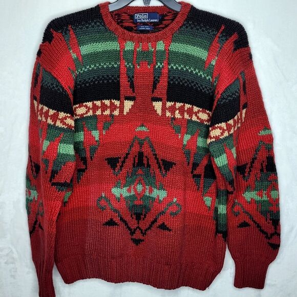 Vintage Polo Ralph Lauren Hand Knit Aztec Print Wool Sweater Size Large - Picture 1 of 11